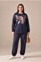 Special Print Detailed Large Size Modal Sweatshirt Navy Blue - 3