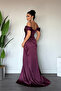 Satin Fabric Degaje Collar Evening Dress - Patlican Purple - 5