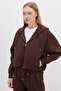 3 Thread Zipper Hooded Bat Sleeve Crop Sweatshirt - 5