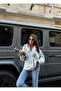 Women's White Snap Button Checkered Hooded Oversized Raincoat - 5