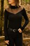 Women's turtleneck sheer tulle detail long sleeve blouse