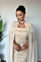Full Beaded Fabric Cape Detailed Evening Dress - Cream - 4