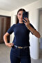 Crew Neck Short Sleeve Knit Sweater - Dark Blue - 3