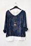 Italian Necklace-Style Triple Set Navy Blue Pool Collar Bat Sleeve Patterned Ruffle Sleeve End Knitwear Blouse 70 60 - 2