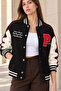 Women's P Embroidered Contrast Sleeve Oversize College Bomber Jacket - Black - 2