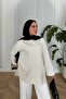 Women's Slit Detail Striped Sweatshirt Ecru - 3