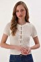 Napoleon Button Short Sleeve Knitwear Blouse Ecru