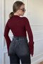 Window-Cut Neckline, Tie Detail, Long-Sleeved Blouse - Burgundy - 4