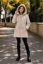 Beige Girls' Plush Fur Inside, Tassel Detailed, Removable Hooded, Long Cut Coat 24869