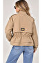 Women's Beige Safari Jacket, Stand Collar, Drawstring Waist, Short Pockets, Gold Buttons, Long Sleeves - 4