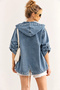 Women's Blue Pearl Beaded Embroidered Stone Printed Hooded Oversize Denim Jacket Long Sleeve Pocketed Drawstring - 3