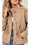Women's Beige Safari Jacket, Stand Collar, Drawstring Waist, Short Pockets, Gold Buttons, Long Sleeves