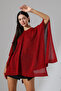 Women's Silvery Asymmetrical Transparent Flowy Knitwear Cape Poncho Red - 8