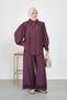 Women's Shirt Suit with Embroidery Detail on Collar and Sleeves, Burgundy - 2