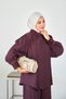 Women's Shirt Suit with Embroidery Detail on Collar and Sleeves, Burgundy - 3