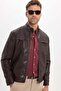 Men's Relax Fit Comfortable Cut Notched Collar Snap Detail Pocketed Zippered Brown Leather Coat Jacket