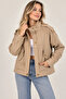 Women's Beige Safari Jacket, Stand Collar, Drawstring Waist, Short Pockets, Gold Buttons, Long Sleeves - 3