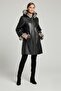 Black Hillary Wide Cut Inside Fabric Double-Sided Hood and Sleeve Fur Women's Genuine Leather Coat - 4
