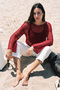 Women's Mesh Knit Openwork Boat Neck Knitwear Blouse Red 27W3051 - 3
