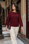 Women's Burgundy Crew Neck Bat Sleeve Front Tie Blouse Arm-27K001010
