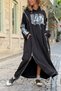Black Hooded Pocketed Skirt with Zipper Slit and Appliqué Design Two Yarns Loose Woven Dress 70 120 - 4