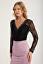 Tulle Dv Neckline Pleated Stitching Bodysuit - 2