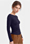 Women's Navy Blue Drawstring Detailed Long Sleeve Modal Cotton Basic Blouse - 2