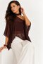 Women's Brown Transparent Tulle Blouse with Staple Detail, Asymmetrical Loose Cut, Stylish Blouse - 2