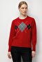 Women's Crew Neck Front Diamond Patterned Wool Sweater Dark Red - 2