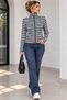 Women's Navy Blue Ecru Striped Full Zipper High Collar Fit Knitwear Cardigan Blouse