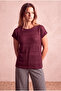 Women's Openwork Knitted Claret Red Short Sleeve Crew Neck Blouse Lucie