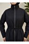 Waist-Tie Zippered Hijab Trench Coat - Black - 2