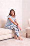 Women's Blue Tie-Dye Patterned Short-Sleeved Crew Neck Piping Detailed Long Bottom Pajama Set Pjlou - 2