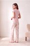 Women's Pink Tie-Dye Patterned Short-Sleeved Crew Neck Piping Detailed Long Bottom Pajama Set Pjlou - 4