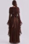 Removable Shawl Detailed Sleeves with Ruffles Yoryo Silk Hijab Evening Dress K. Brown 1245 - 5