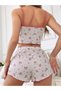 Floral Printed Lettuce-Edged Pink Lace-Up Rope Strap Home Wear Set - 3