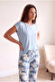 Women's Blue Tie-Dye Patterned Short-Sleeved Crew Neck Piping Detailed Long Bottom Pajama Set Pjlou - 6