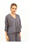 Women's Anthracite V-Neck Relaxed Fit Plain Patterned 3/4 Sleeve Knitted Blouse - 2