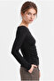 Women's Black Gathered Detailed Long Sleeve Modal Cotton Basic Blouse - 2