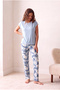 Women's Blue Tie-Dye Patterned Short-Sleeved Crew Neck Piping Detailed Long Bottom Pajama Set Pjlou - 3