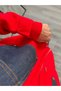 Hooded Red Knit Cardigan with Denim Pocket Detail - 8
