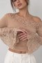 Beige- Women's French Lace Detailed Low Asymmetric Collar Spanish Sleeve Crop Blouse