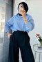 Premium Pleated Detailed Twill Palazzo Trousers - Navy Blue - 4