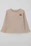 Girl's Long Sleeve T-Shirt with Floral Emblem Detail, Ages 3-7, Beige