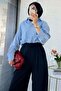 Premium Pleated Detailed Twill Palazzo Trousers - Navy Blue - 3