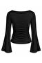 Women's Black Boat Neck Draped Spanish Sleeve Blouse - 2