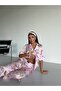 Premium Satin Fabric Buttoned Short Sleeve Long Pajama Set - with Bandage and Buckle Gift - Pink Güneş - 3