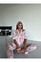 Premium Satin Fabric Buttoned Short Sleeve Long Pajama Set - with Bandage and Buckle Gift - Pink Güneş - 4