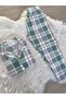Green and Gray Plaid Patterned Suede Shirt Collar Long Sleeve Pajama Set - 2