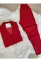 Red Candy Cane Patterned Suede Shirt Collar Long Sleeve Pajama Set - 2